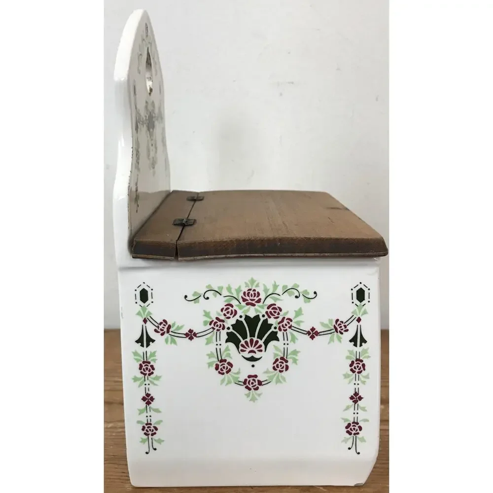 Vtg Antique Danish Salt Wall Hanging Ceramic Wood Floral Bin Kitchen Container